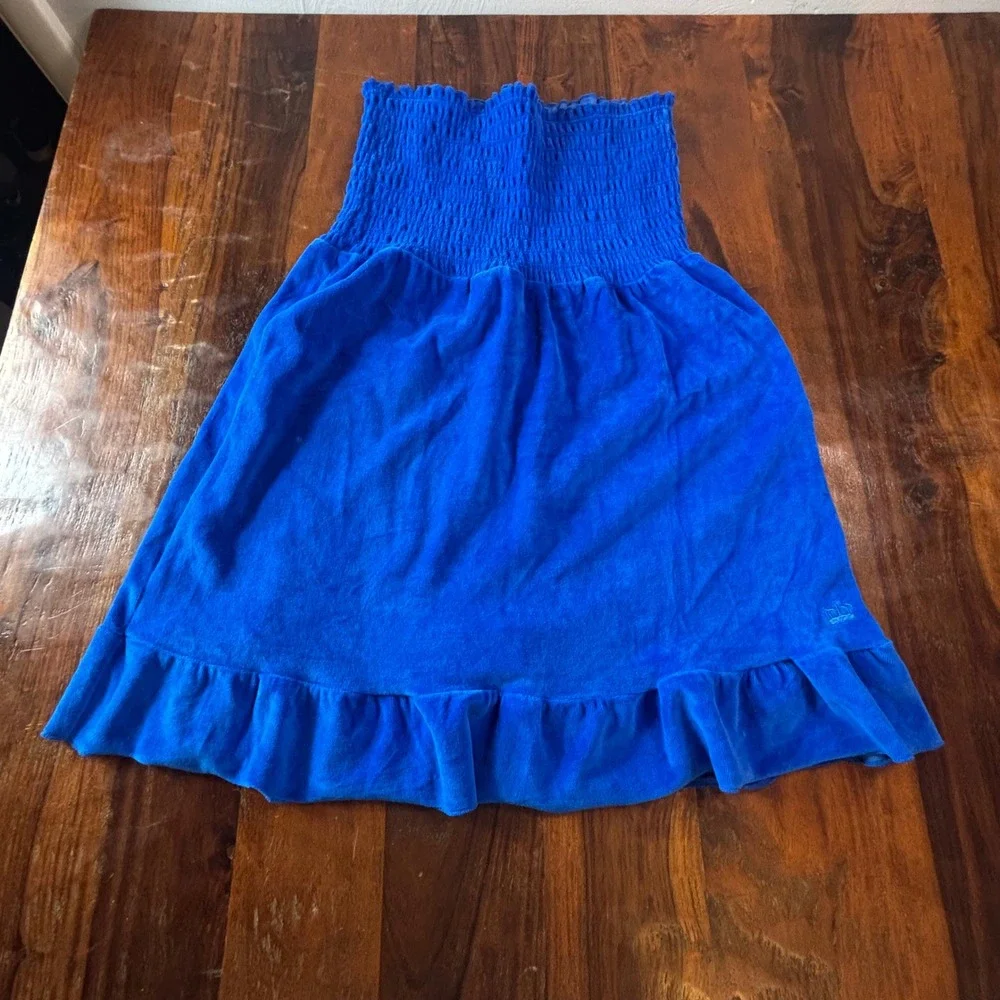 Juicy by Juicy Couture Womens Royal Blue Velour Smocked Tube Dress Ruffle Hem L - Picture 1 of 6